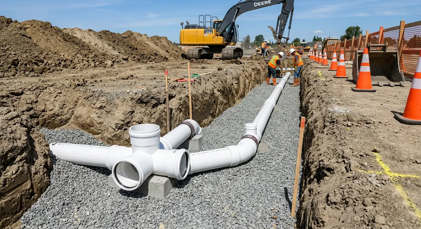 New PVC sewer pipe installation in open trench for Sewer Backup in Clementon