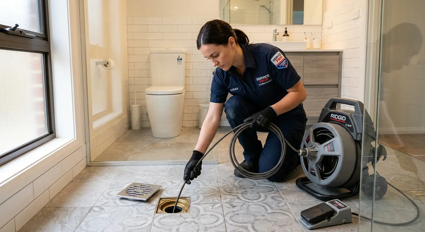 Technician clearing a bathroom floor drain for Drain Cleaning in Clementon